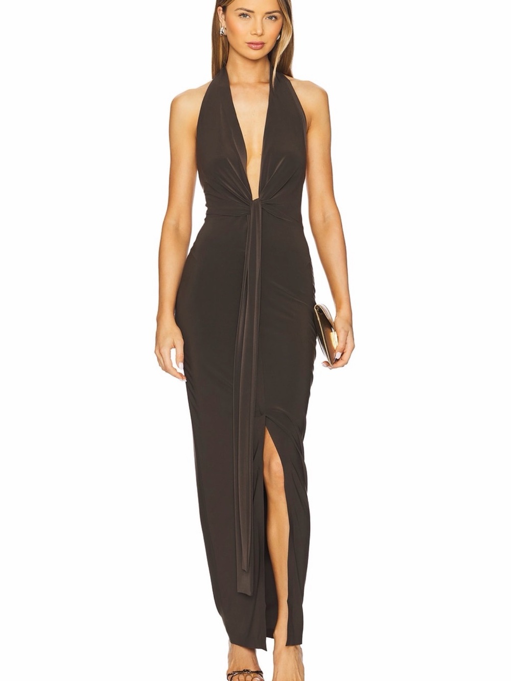 Norma Kamali x Revolve tie front tie front halter gown espresso